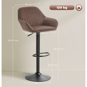 Juego de 2 Taburetes de Bar Giratorios, Taburetes Altos de Cocina con Altura Ajustable 62-83 cm, Sillas Altas de Cocina, Tapizada en Terciopelo, Respaldo y Reposapiés, Marrón