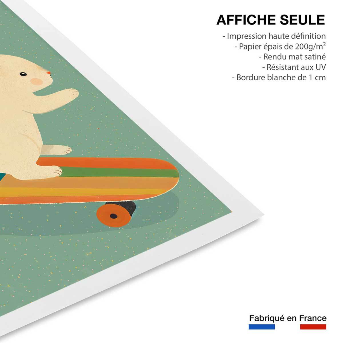 Affiche enfant lapin sur skateboard  Affiche seule