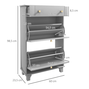 Mueble Zapatero Estrecho Zapatero Entrada Recibidor con 2 Cajones Abatibles y 1 Cajón Extraíble para 8 Pares de Zapatos para Pasillo 60x23,5x98,5 cm Gris