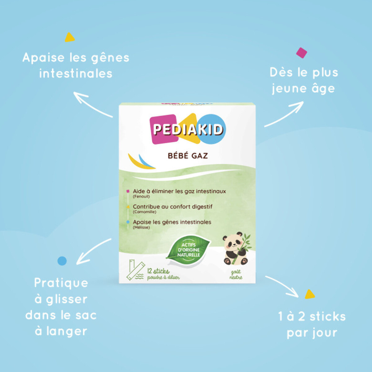 PEDIAKID - Bébé Gaz - Aux extraits de plantes & fibres - Aide à réduire les gaz et à améliorer le confort digestif - Dès la naissance - Format sticks de poudre à diluer facile à utiliser - Lot de 2