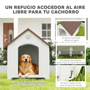 Caseta para Perros Exterior, Casa para Perros Grandes de Plástico Impermeable con 2 Ventanas, Base Elevada, Estacas, Fácil de Montar, 88x79x89 cm, Marrón Oscuro