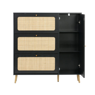 Meuble à chaussure cannage Bohème noir. 3 tiroirs. 1 porte. 21 paires. 120 x 24 x 125 cm