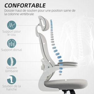 Chaise bureau ergonomique accoudoirs relevables tissu maille gris blanc