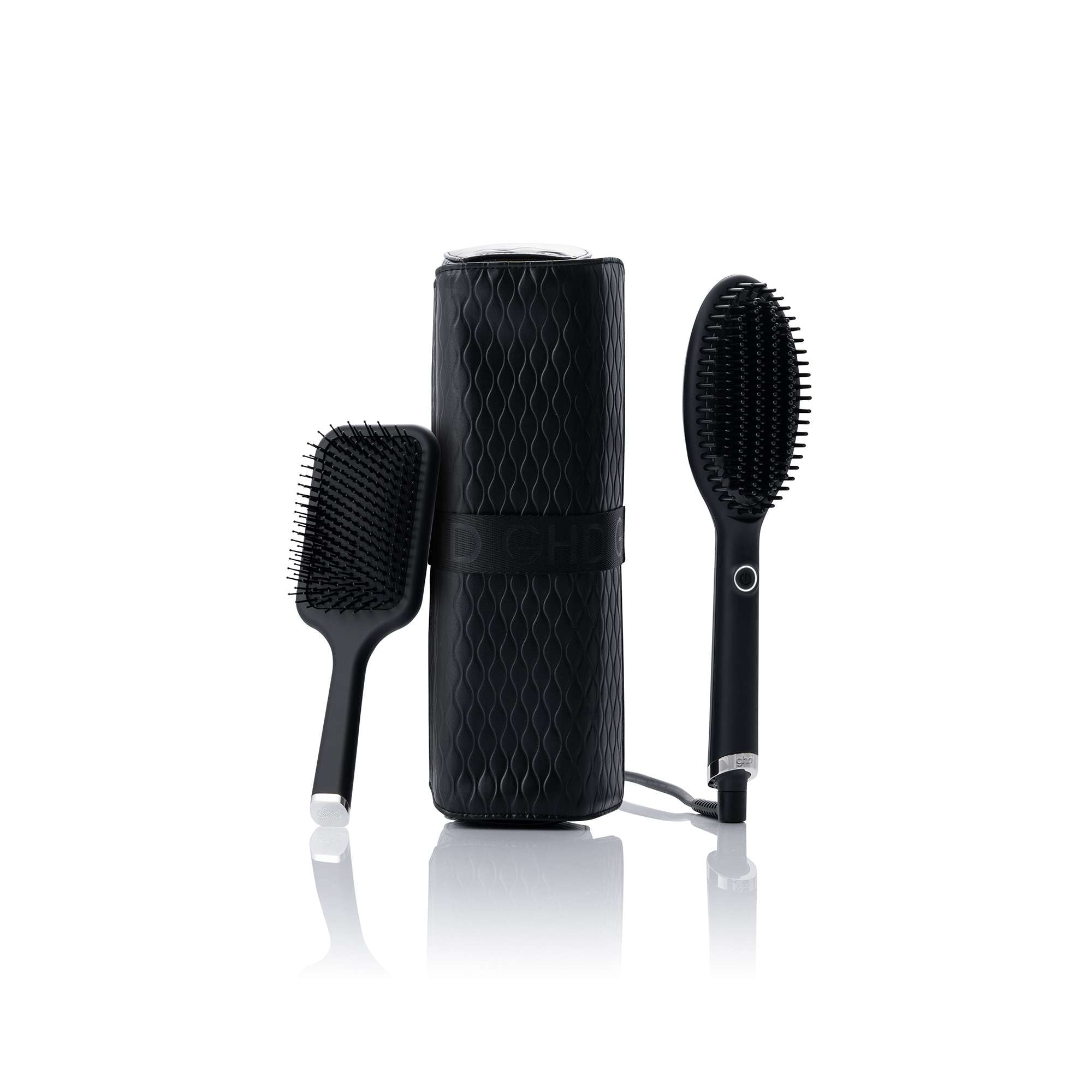 Coffret brosse lissante ghd glide, sa brosse à cheveux et sa pochette thermorésistante