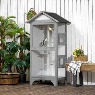 Jaula para Pájaros Pajarera de Madera con 3 Puertas 4 Perchas Bandeja Extraíble y Techo Asfáltico 80,5x57x153 cm Gris Claro