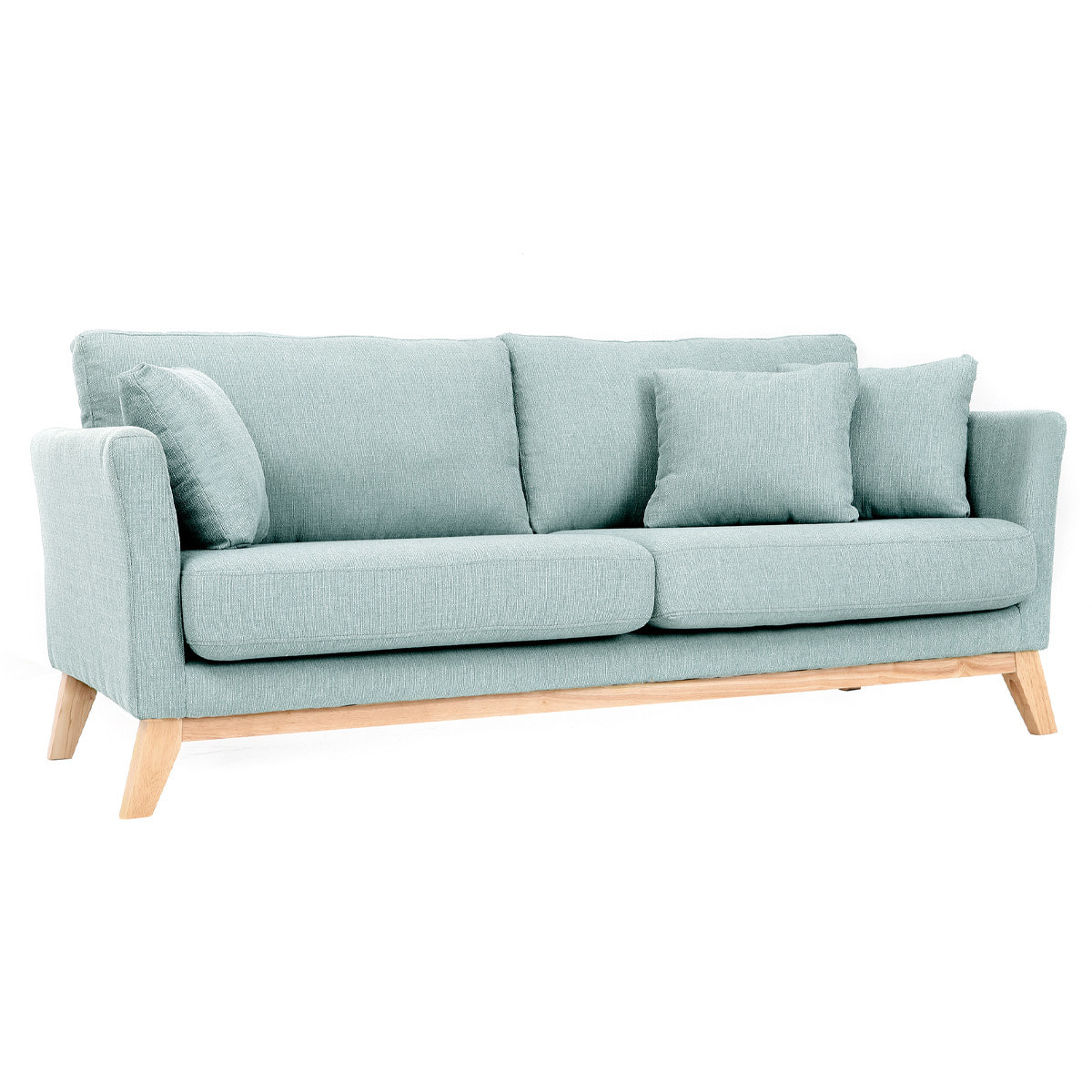 Canapé scandinave déhoussable 3 places en tissu vert lagon et bois clair OSLO