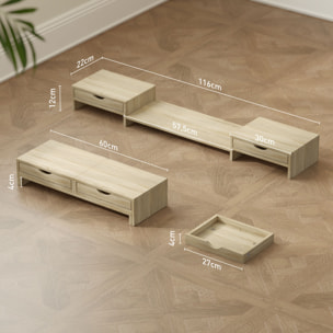 Elevador Monitor Ángulo y Longitud Ajustable, Soporte para Monitor Escritorio con 2 Cajones, para PC, Portátil, 60-116x22x12 cm, Roble