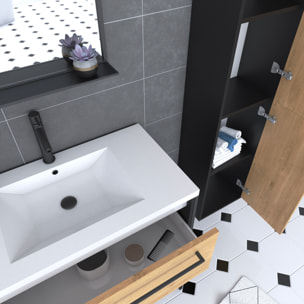 Meuble Salle de Bains 80 cm, Vasque Blanche, Miroir et Colonne - Chêne et Noir - STRUCTURA