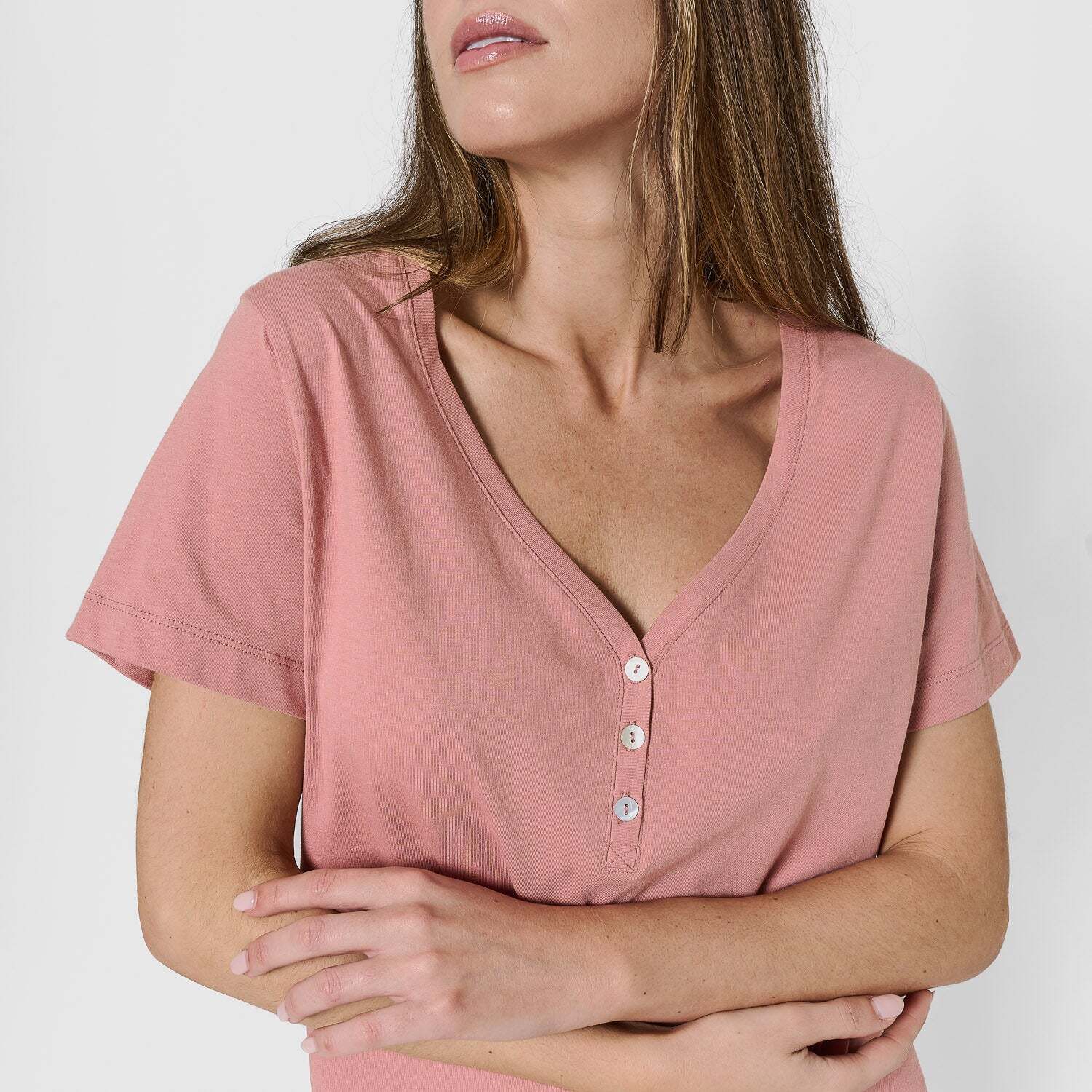 Pigiama lungo di cotone, maniche corte, scollo a v, a righe rosa