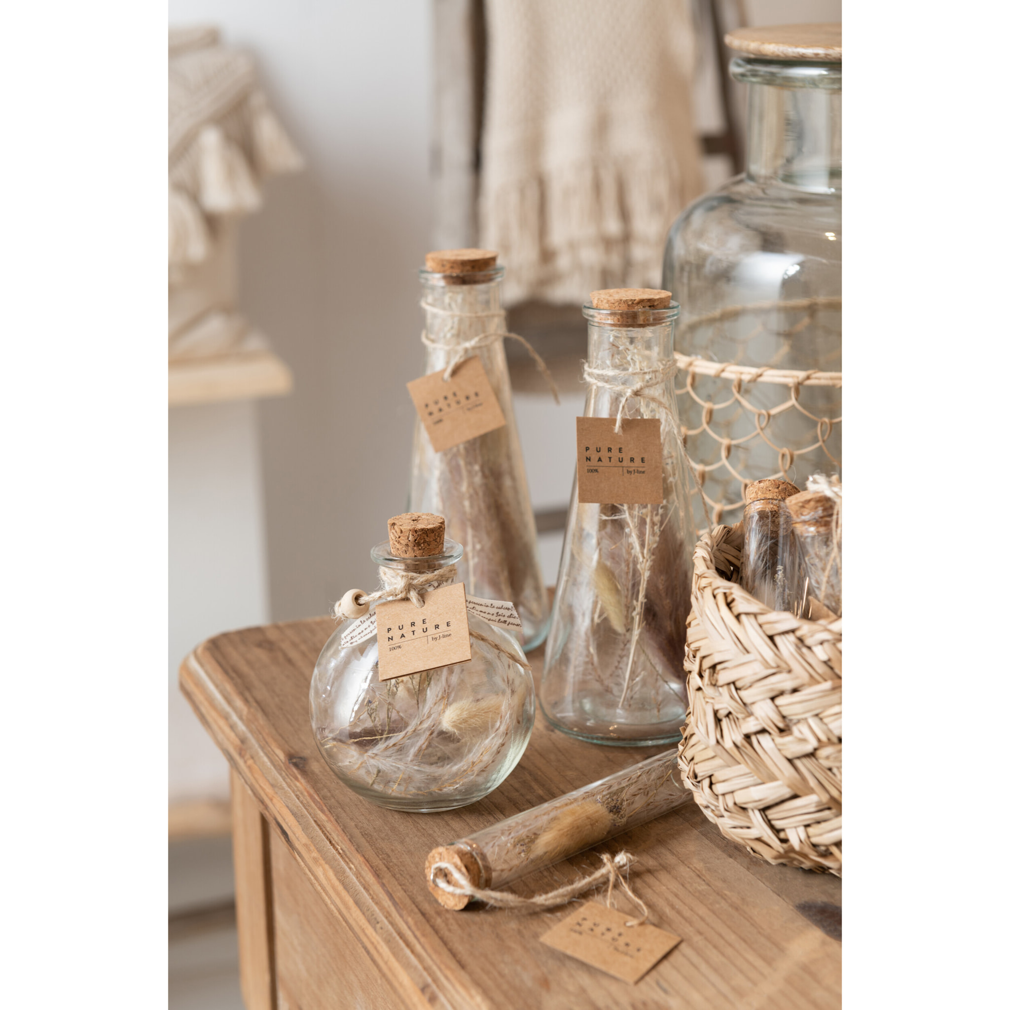 J-Line Suspension Tubes Fleurs Sechees Verre Naturel Assortiment De 2