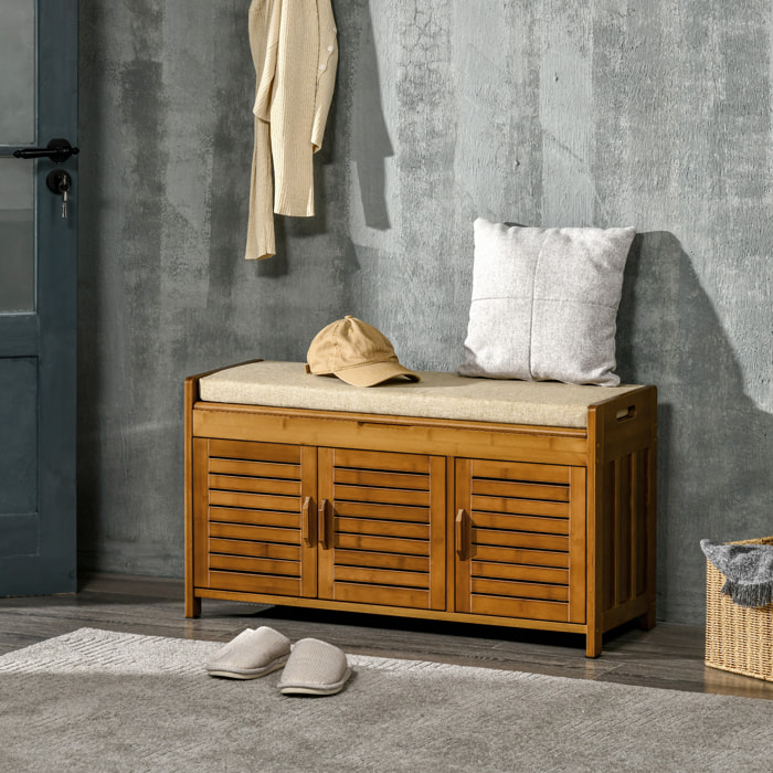 Banc à chaussures 3 portes et compartiment style exotique bois bambou verni coussin tissu beige