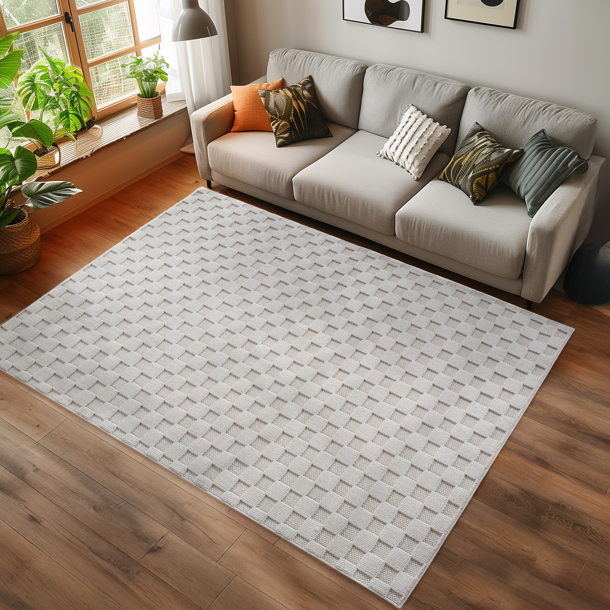 HELIX - Tapis moderne effet laine bouclé à motif damier en relief crème
