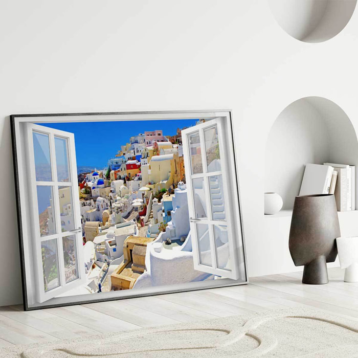 Affiche encadrée fenêtre village Santorin Affiche + cadre en métal - Noir