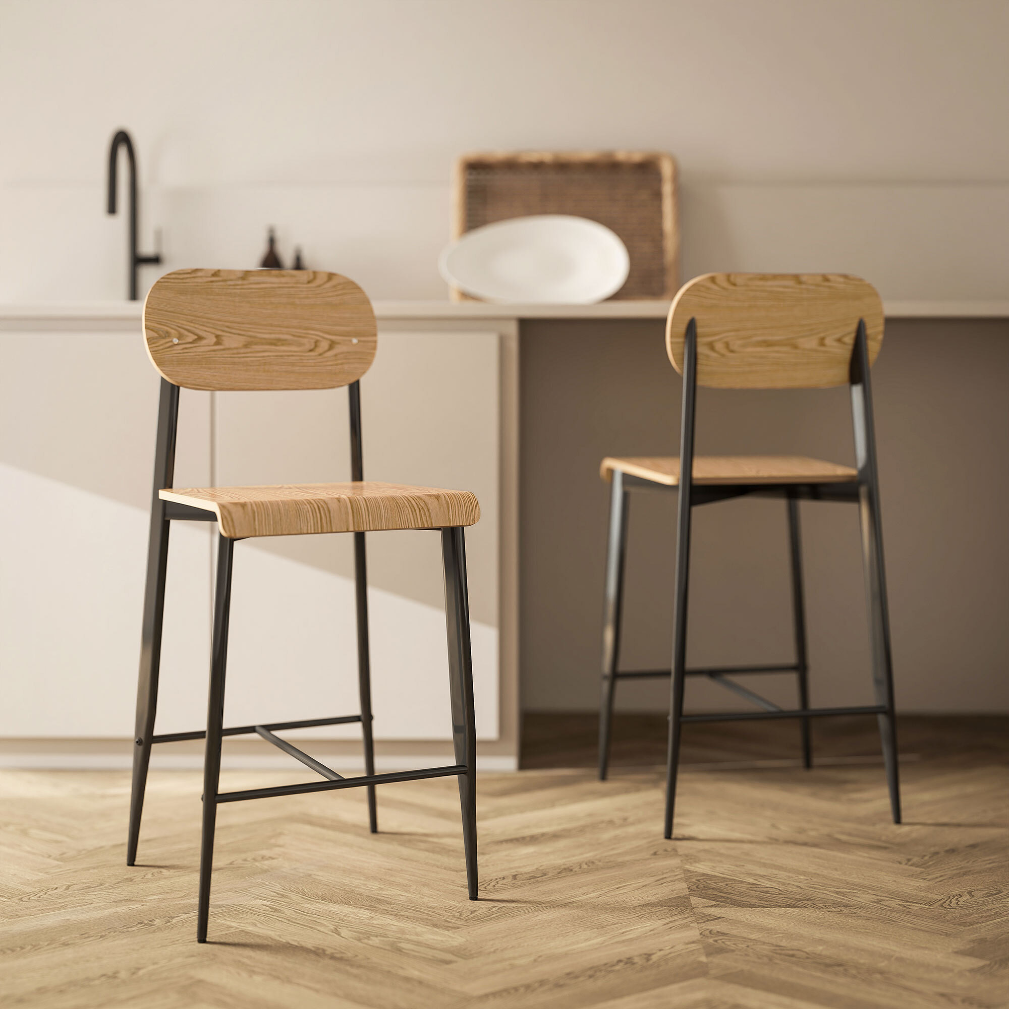 Lot de 2 tabourets de bar chaises de bar design structure acier noir assise dossier effet bois clair