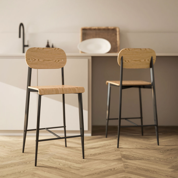 Lot de 2 tabourets de bar chaises de bar design structure acier noir assise dossier effet bois clair