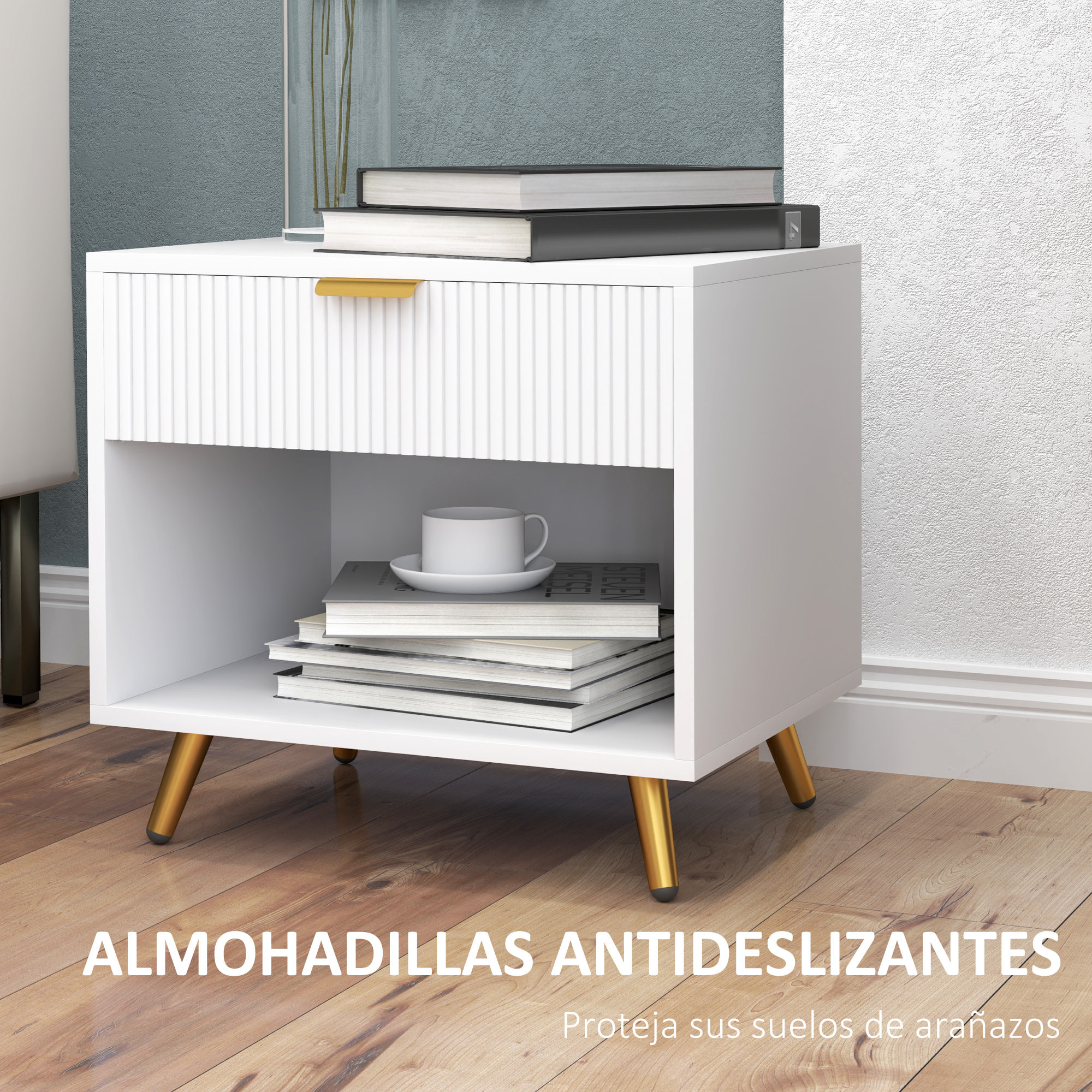 Mesita de Noche Moderna Mesilla de Noche con Cajón Mango Dorado y Compartimento Abierto Mesa Auxiliar para Dormitorio Salón 50x40x47 cm Blanco
