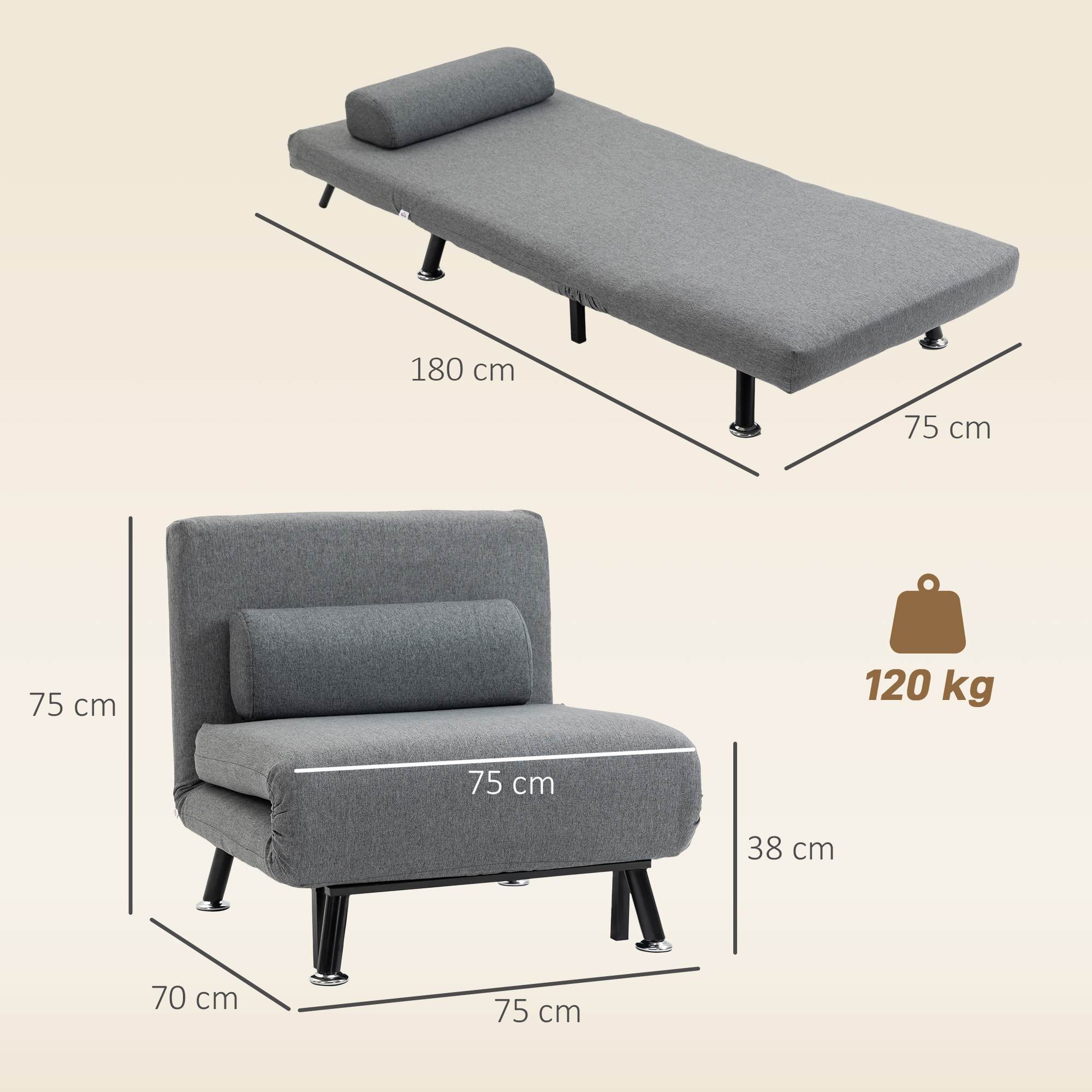 Sofá Cama de 1 Plaza 3 en 1 Sofá Cama Plegable Tapizado en Lino con Respaldo Ajustable de 5 Niveles y Almohada Acolchada para Oficina Dormitorio Salón 75x70x75 cm Gris Oscuro
