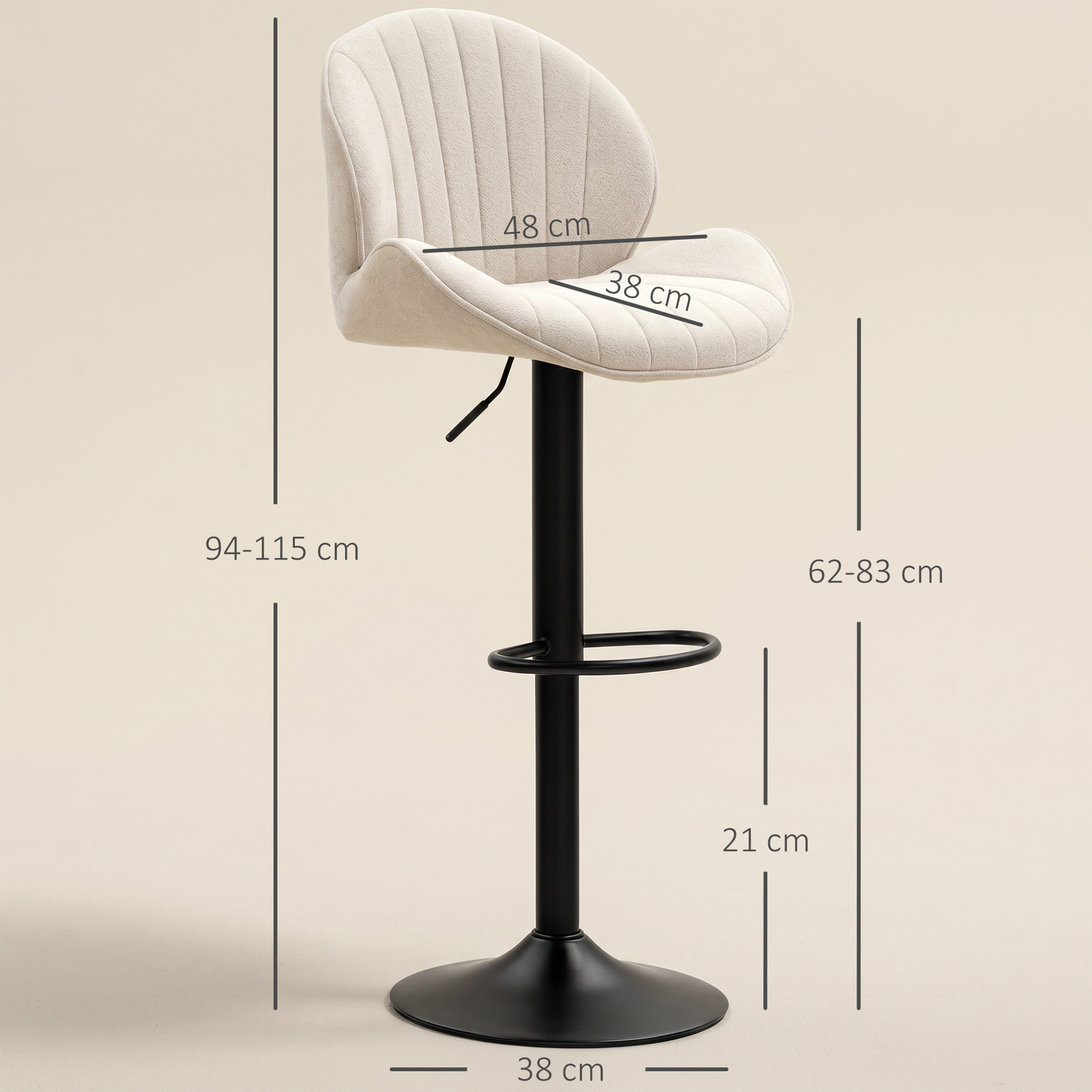 Juego de 2 Taburetes de Bar Giratorios, Taburetes Altos de Cocina con Altura Ajustable 62-83 cm, Sillas Altas de Cocina, Tapizada en Chenilla, Respaldo y Reposapiés, Marco de Acero, Beige