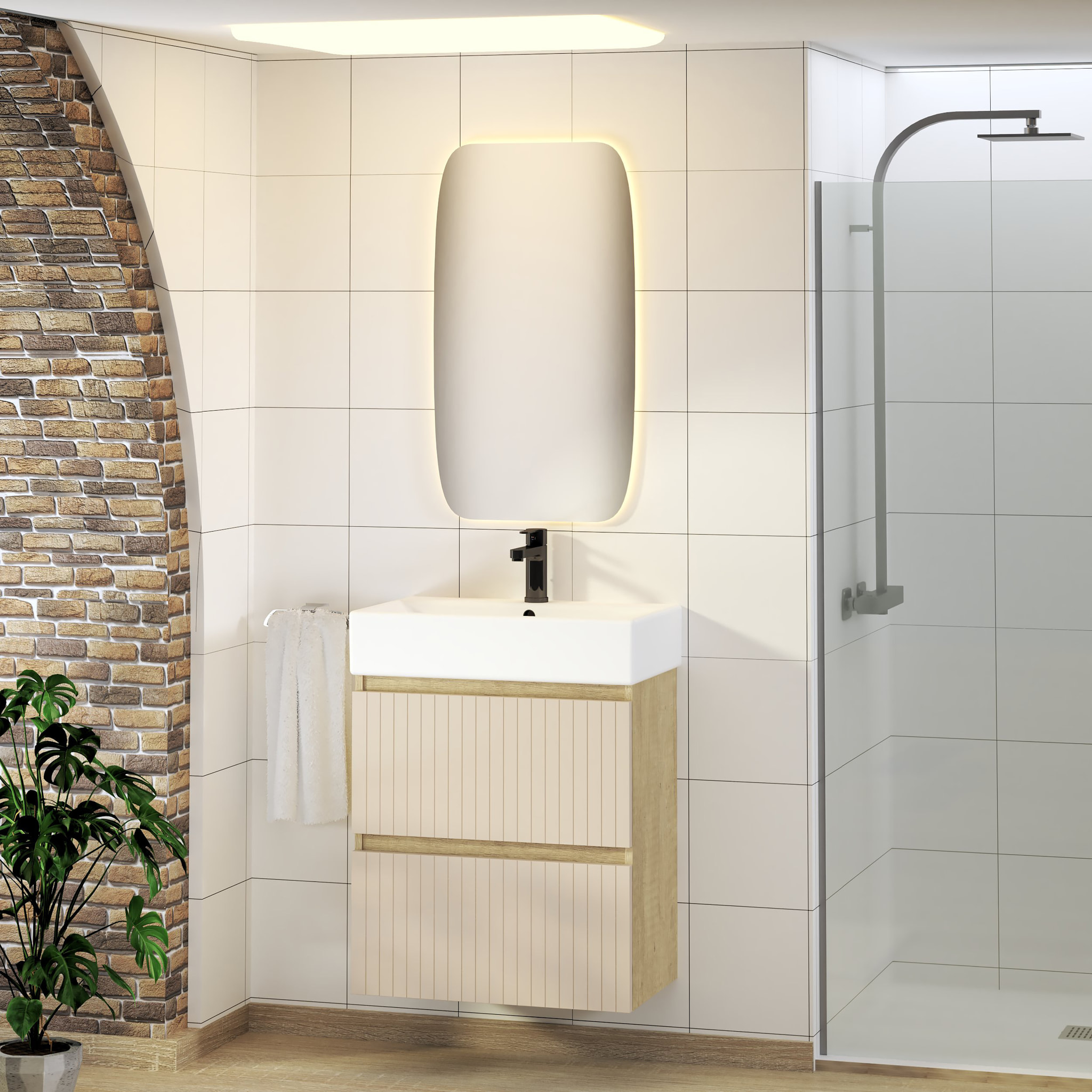 Conjunto de Baño Zel | Mueble Suspendido | 60 cm Glaciar | Dos Cajones | Lavabo Encastrado | No incluye Espejo | Mueble Montado| Alday