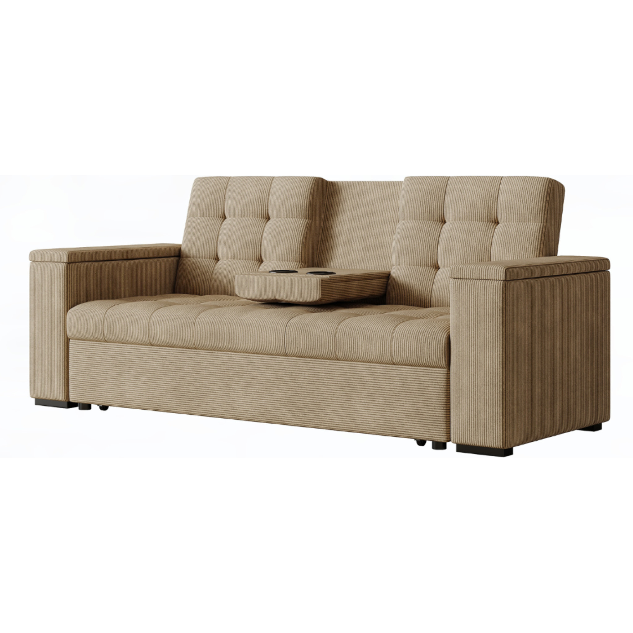 Canapé 3 places convertible avec tablette centrale et accoudoirs amovibles beige velours côtelé TILIA