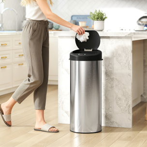 Cubo de Basura Cocina Automático 55 L, Papelera de Cocina de Acero Inoxidable con Sensor Infrarrojo, Cierre Suave y Anillo, Antihuellas, para Dormitorio, Oficina y Hogar, Plateado
