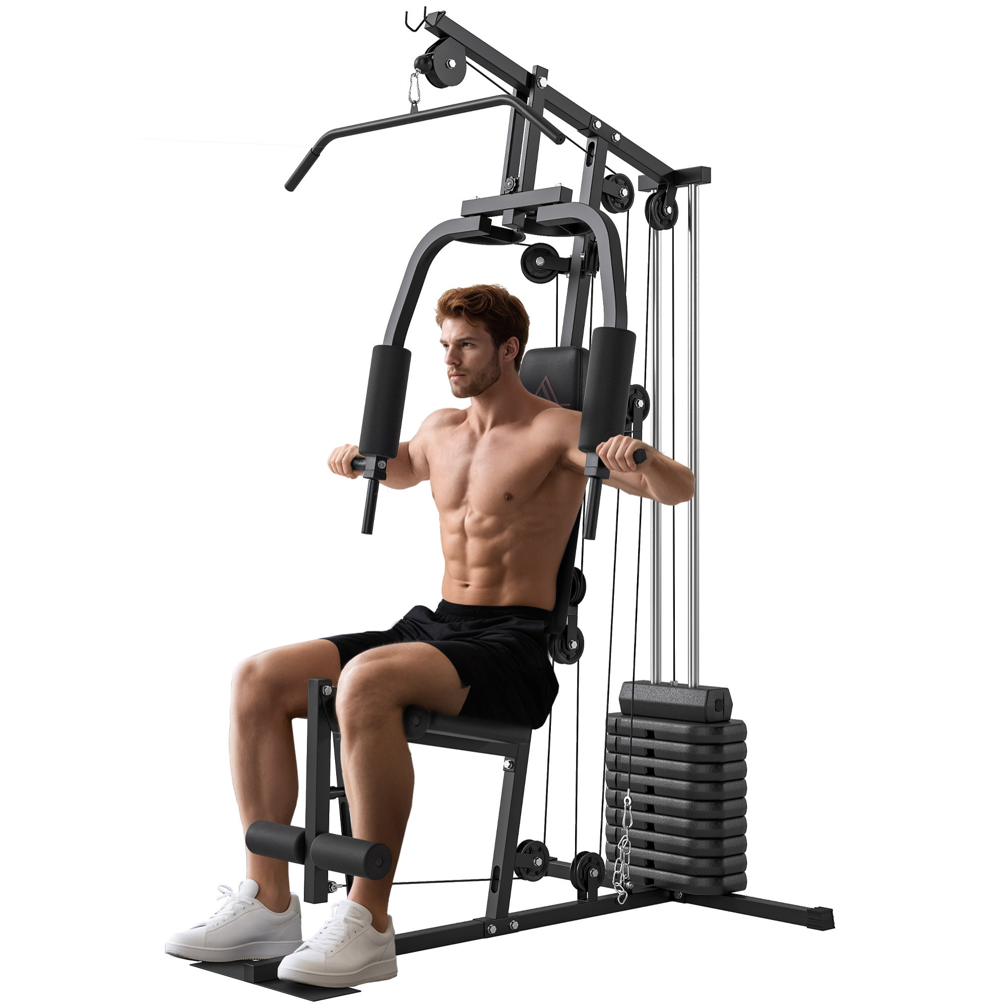 Multiestación Musculación, Máquina de Musculación con Prensa de Pecho, Placas de Peso de 45 kg, Curl de Piernas y Polea Mariposa, Carga 100 kg, para Entrenamiento Casa Gimnasio, Negro