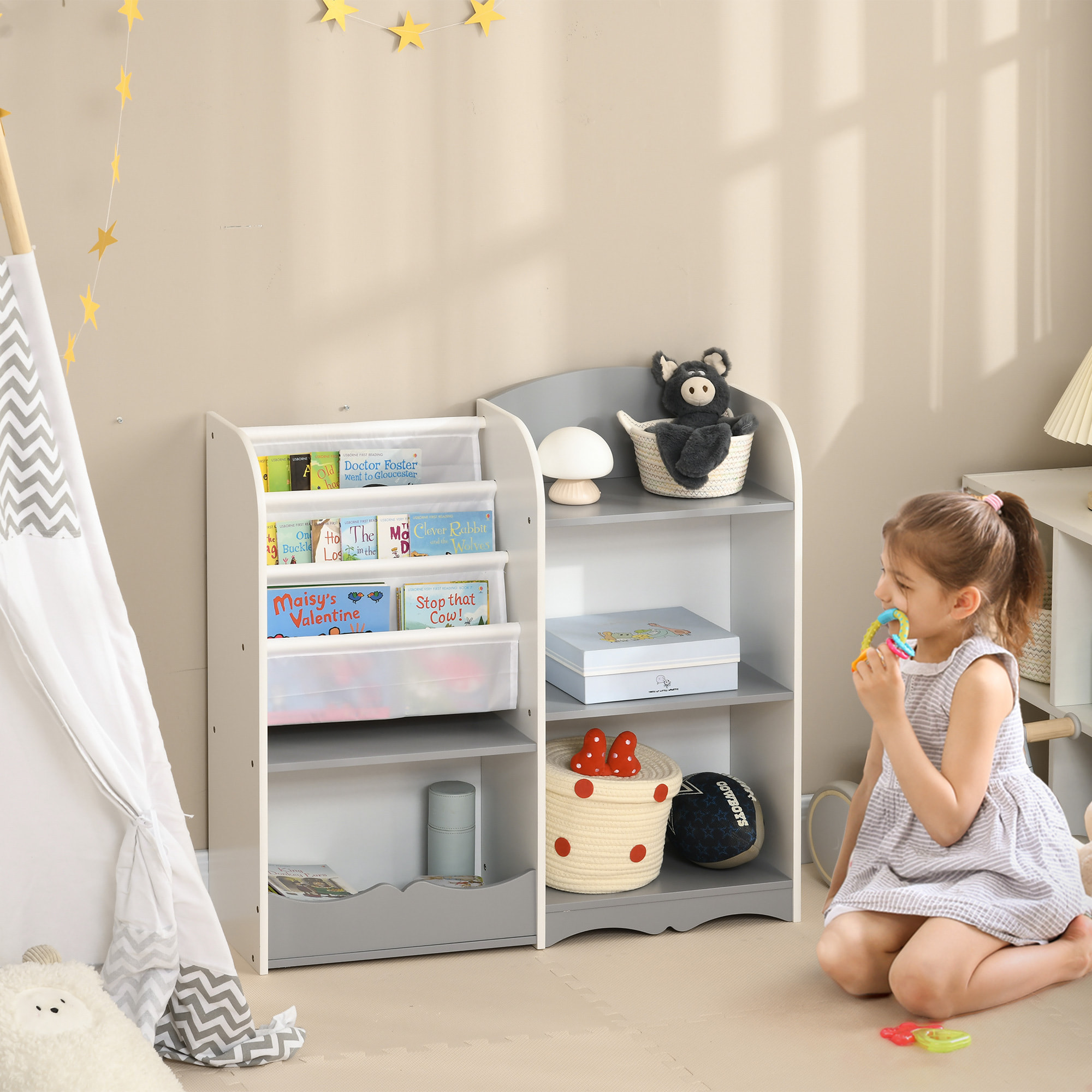 Organizador de Juguetes Estantería para Niños Estantería Infantil con Estantes Abiertos para Dormitorio Sala de Juegos Guardería 85x26x84 cm Gris