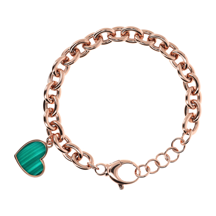 Bracciale Catena Rolo con Ciondolo Cuore in Pietra Naturale di Malachite Verde