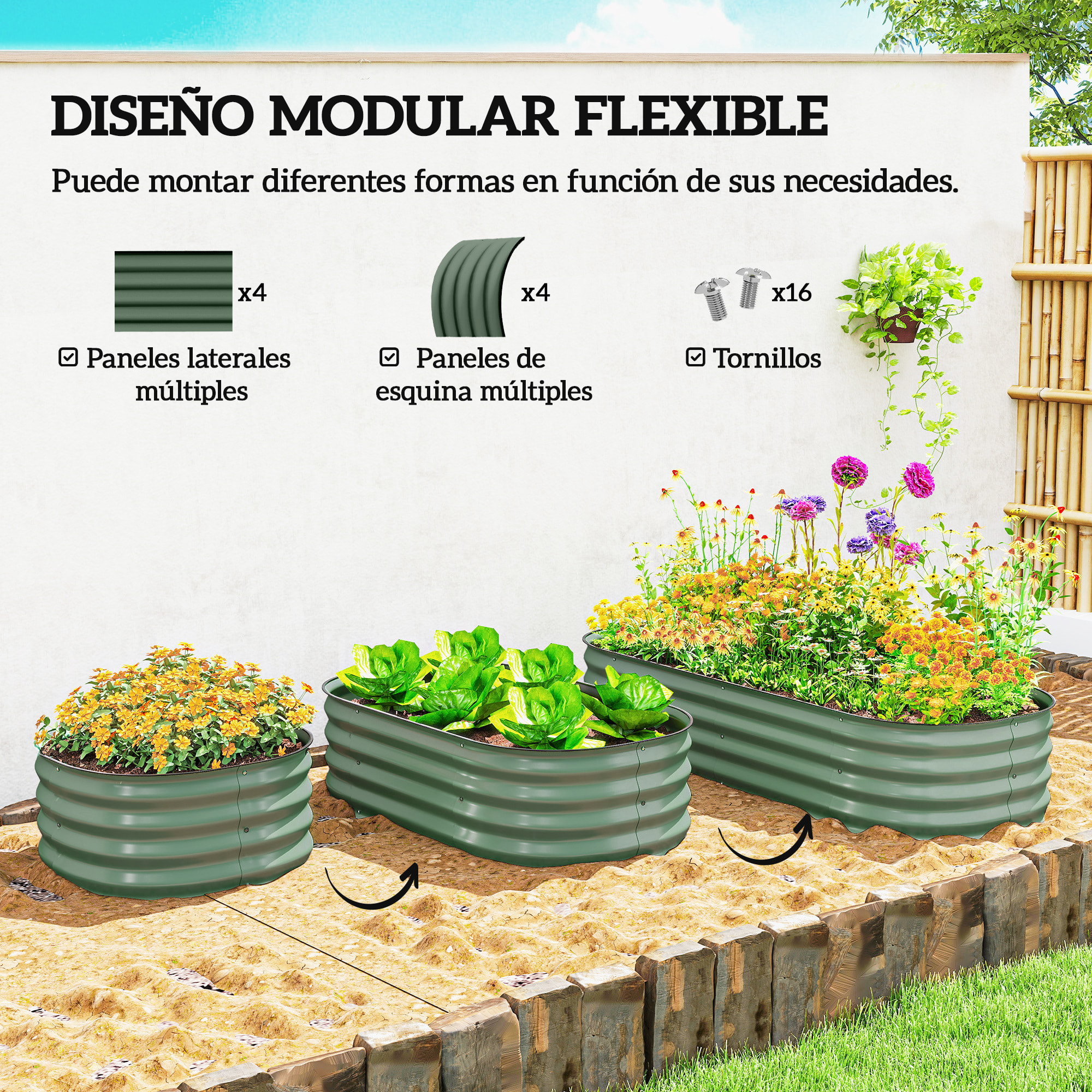 Jardinera Exterior Grande de Acero Galvanizado, Huerto Urbano para Cultivar Plantas, Macetero Exterior con Bordes de Seguridad, Fácil Montaje, Resistente a la Intemperie, 150x62x30 cm, Verde