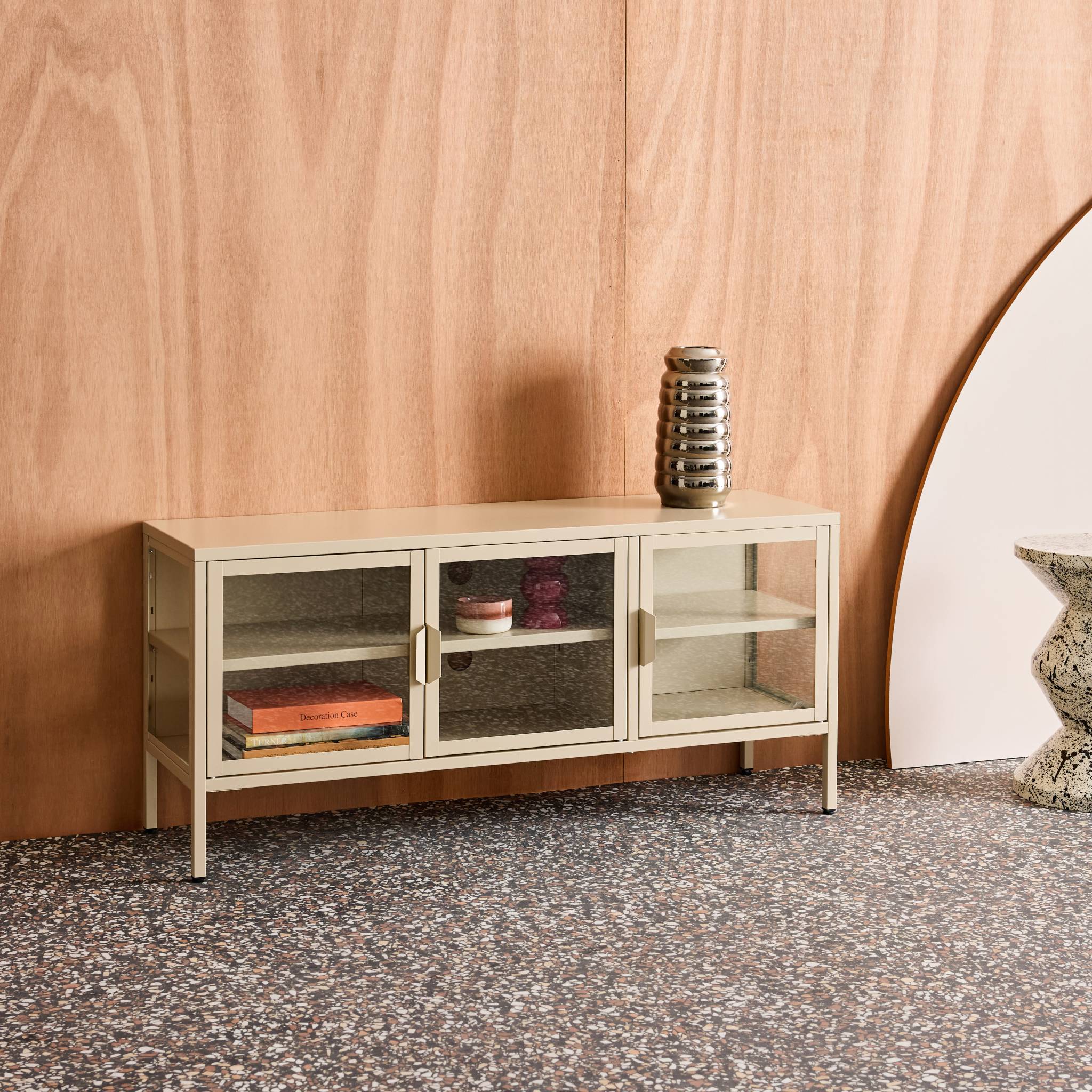 Meuble TV industriel métal et verre trempé 3 portes 120cm ARKANSAS