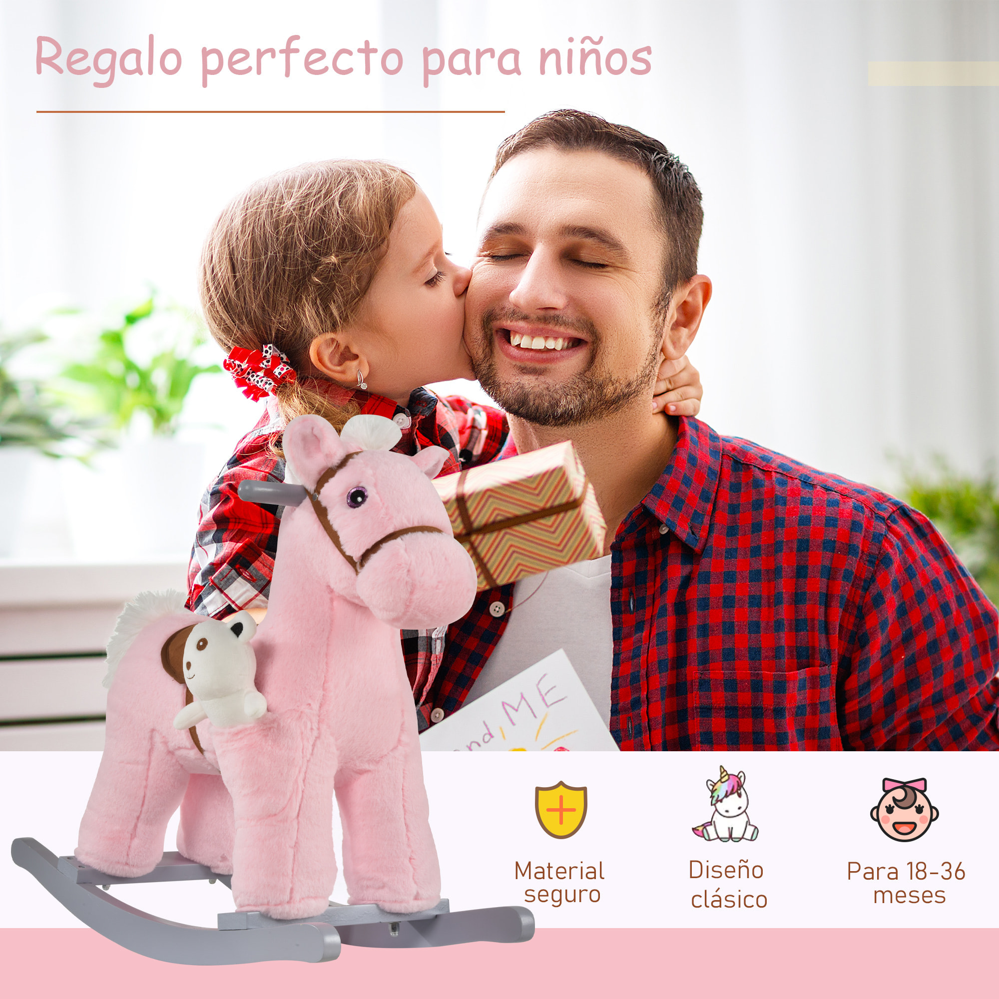 Caballito Balancín con Felpa con Osito de Peluche para Niños 18-36 Meses Caballo Mecedora Sonidos de Relincho y Galope Base de Madera Asiento 35 cm Carga 30 kg 65x26x55 cm Rosa