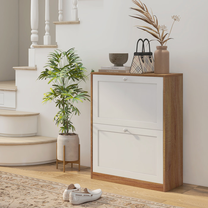 Zapatero Estrecho con 2 Puertas, Zapatero Entrada Recibidor con Estantes Ajustables, para 12 Pares de Zapatos, para Pasillo, Espacios Reducidos, 60x24,5x75,5 cm, Natural y Blanco