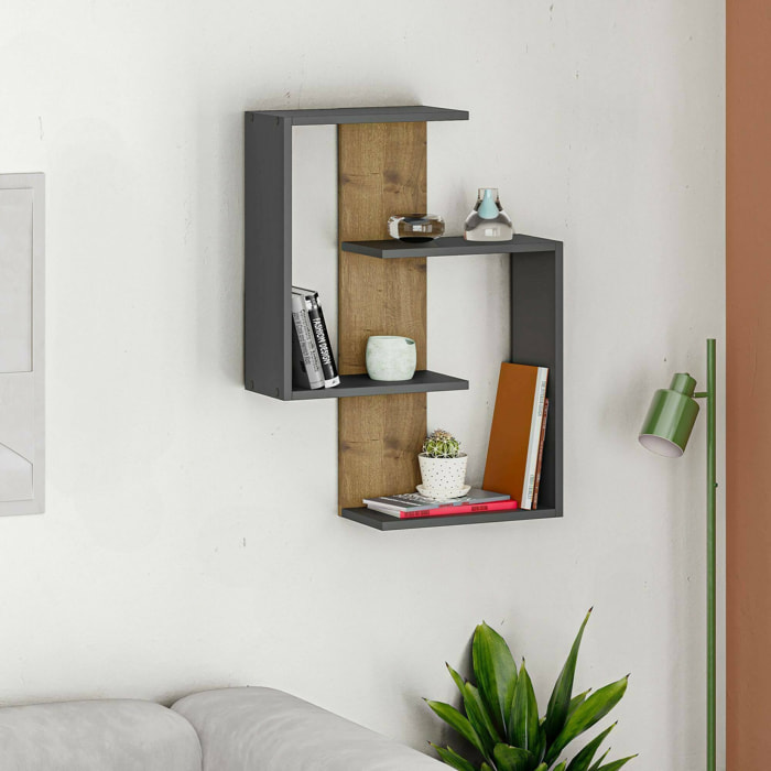 Mensola Irmina, Scaffale, Ripiano a muro, Scaffalatura multiuso, 64x22h85 cm, Antracite e Rovere