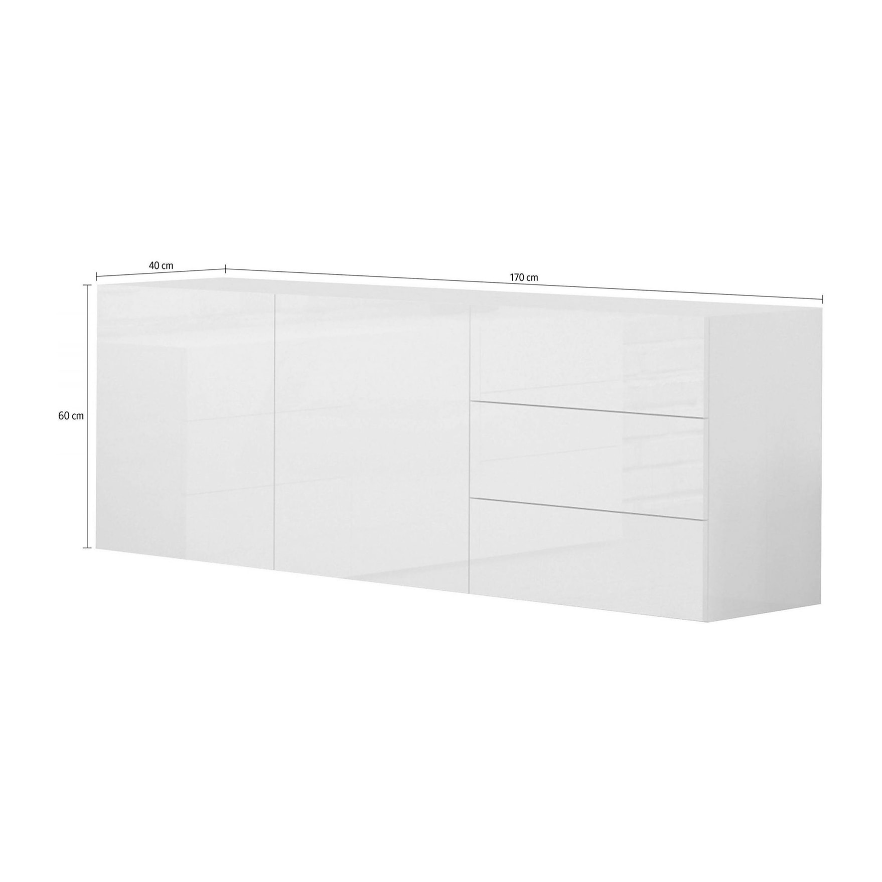 Credenza moderna a 2 ante e 3 cassetti, Made in Italy, Madia da cucina, Buffet di design da soggiorno, cm 170x40h35, colore Bianco lucido