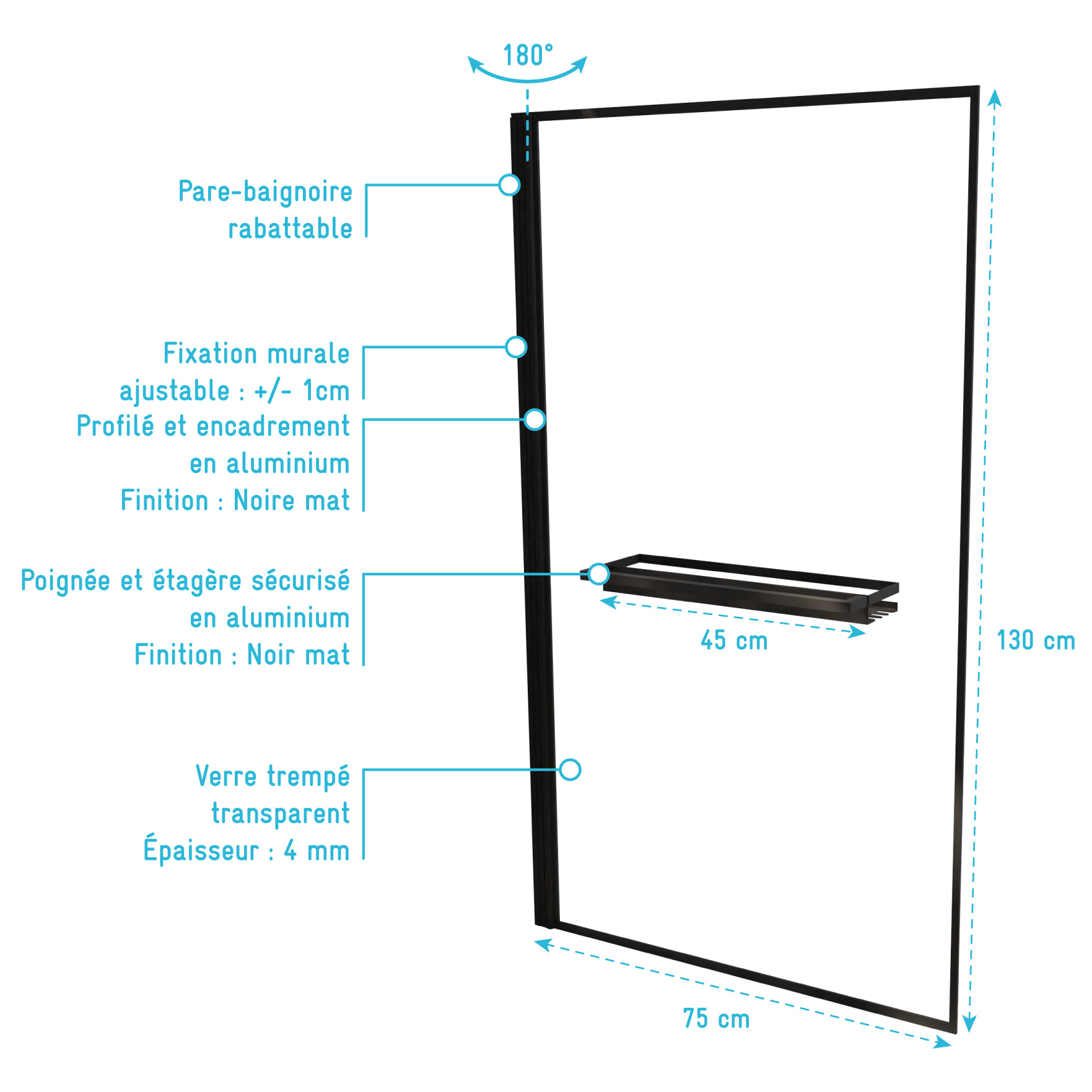Pare baignoire Rabattable 75x130 cm en Verre Trempé - Porte-Serviette et Etagère Noir Mat