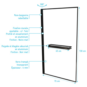 Pare baignoire Rabattable 75x130 cm en Verre Trempé - Porte-Serviette et Etagère Noir Mat