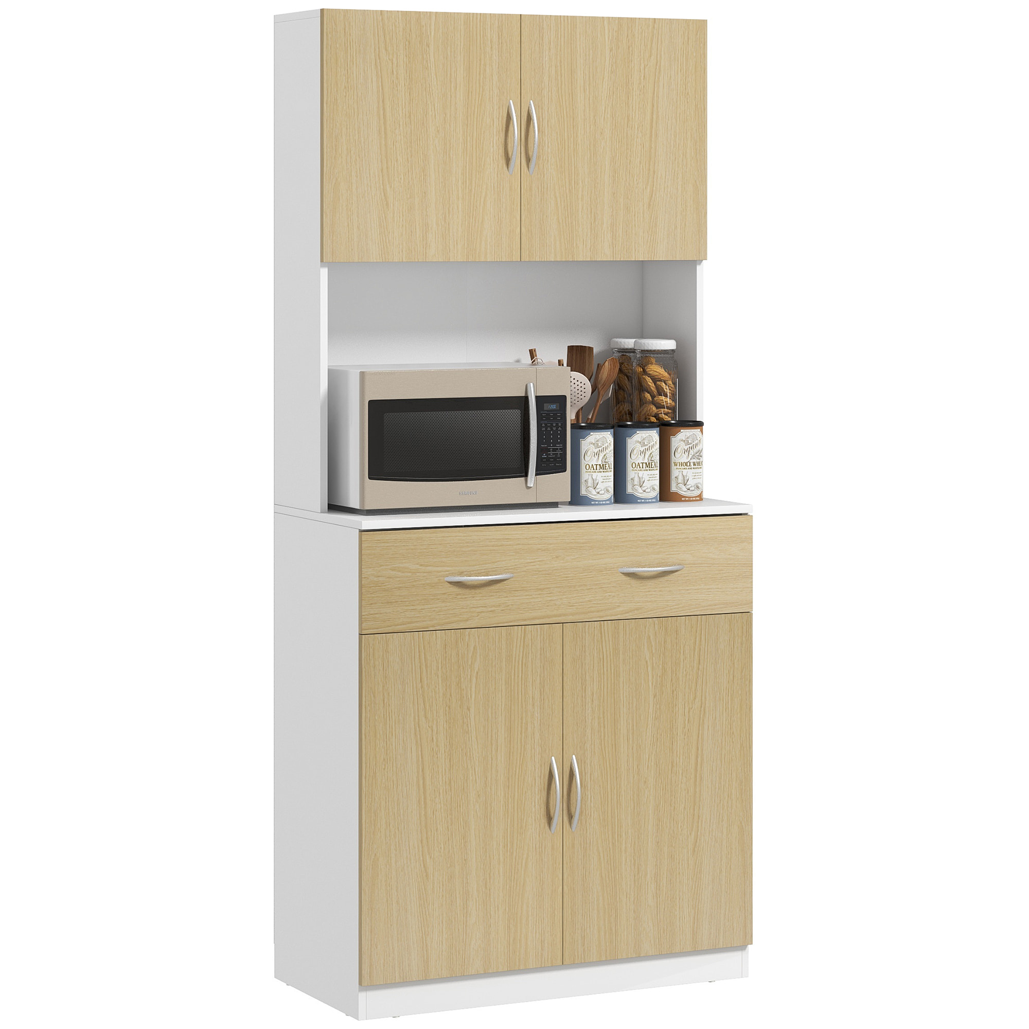 Alacena de Cocina Armario de Cocina Mueble Auxiliar de Cocina con Puertas Cajón y Estantes Ajustables Antivuelco para Comedor Salón 80x40x180 cm Natural y Blanco