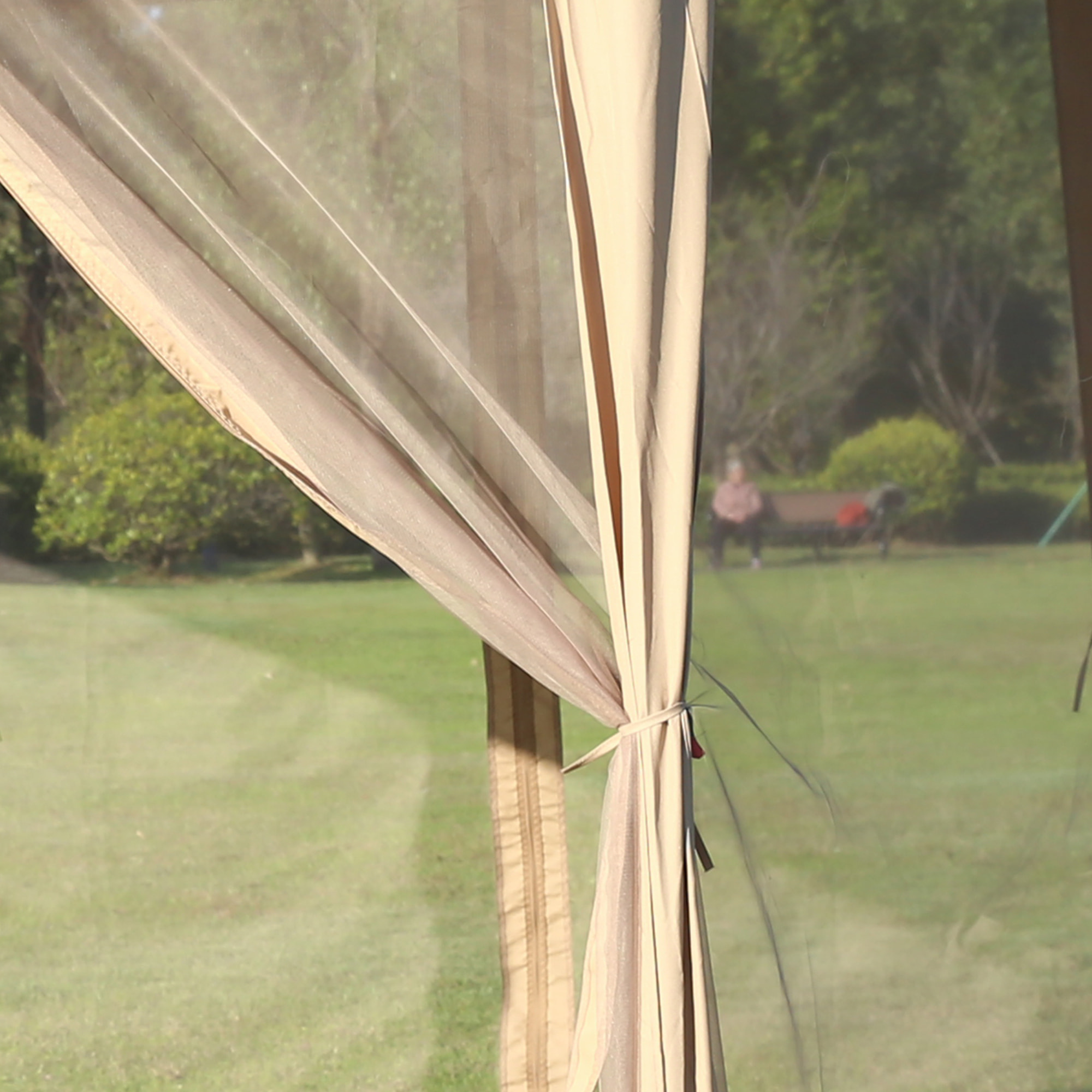 Carpa Plegable 4,05x3,4x2,85 m Cenador de Jardín Hexagonal con Doble Techo 6 Mosquiteras Desmontables Bolsa de Transporte Altura Ajustable en 3 Niveles y Anti-UV para Fiesta Patio Beige