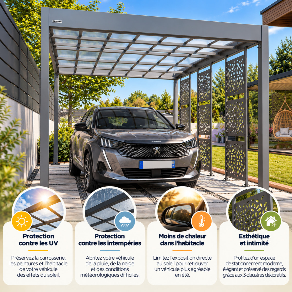 Carport aluminium Trigano - LIBECCIO + 3 claustras - 16 m²