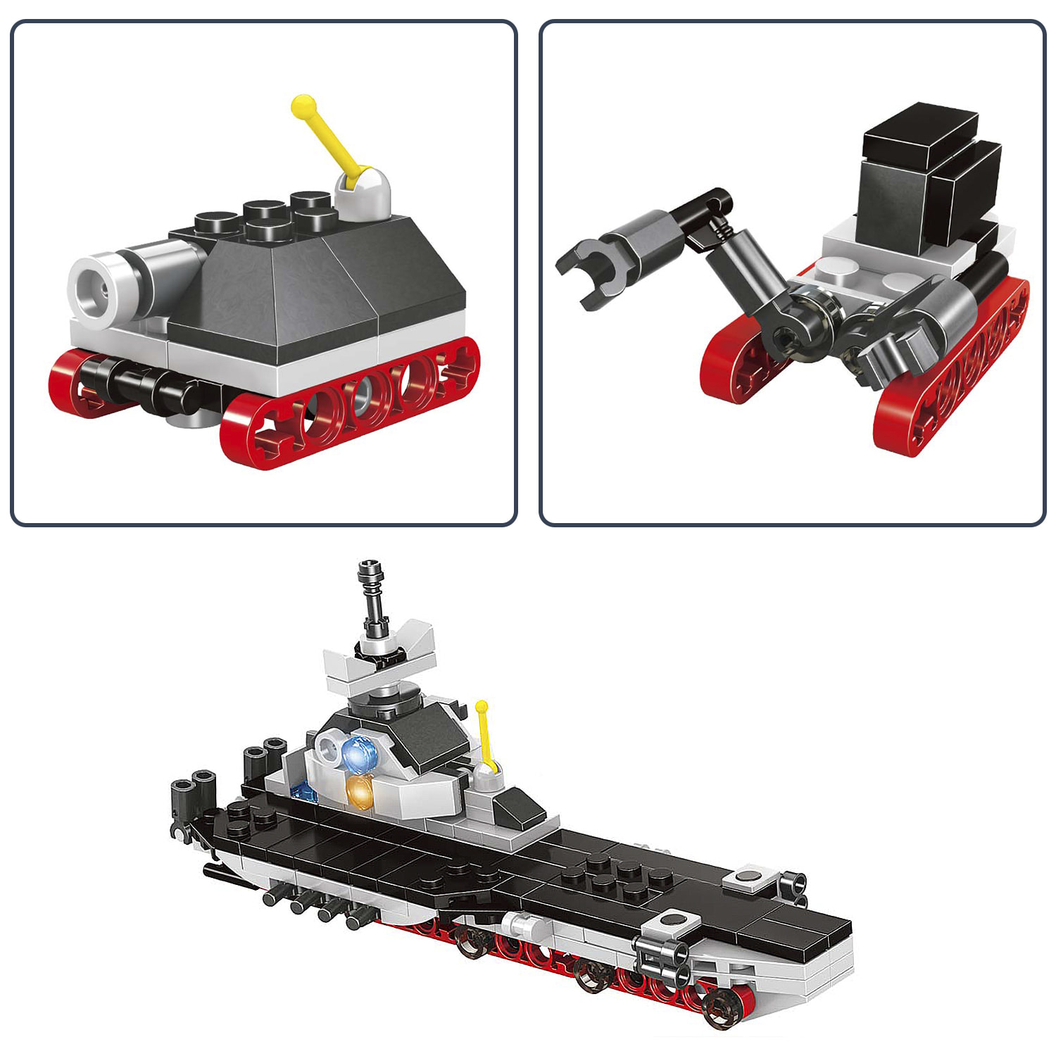 Portaaviones convertible 10 en 1, con 235 piezas. Construye 10 modelos individuales.