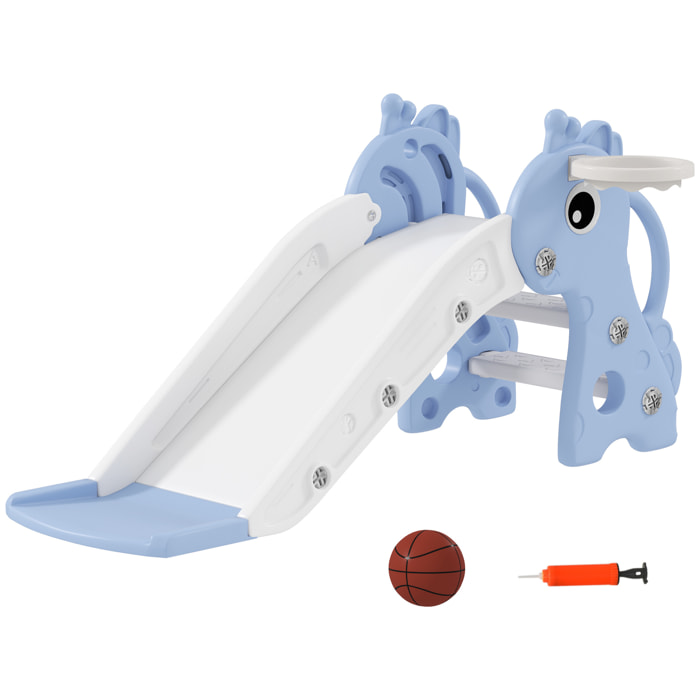 Toboggan enfant design girafon - panier de basket-ball intégré - ballon, pompe inclus - plastique bleu blanc