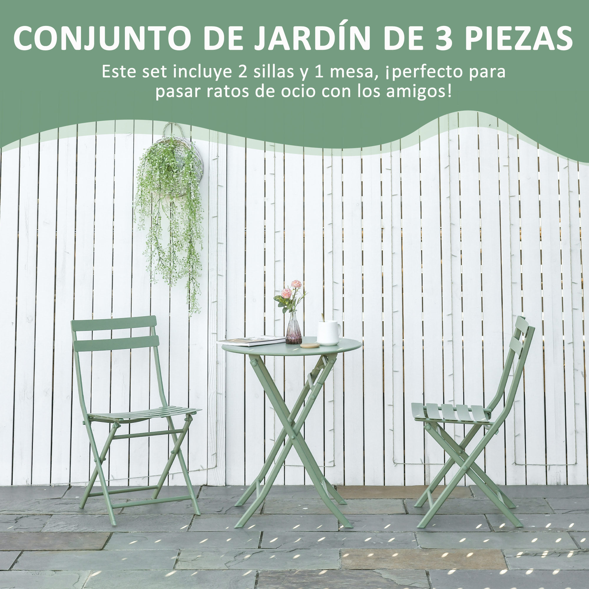 Conjunto de Muebles de Jardín Plegable Juego de 1 Mesa Redondo y 2 Sillas de Terraza con Marco de Acero y Respaldo para Balcón Patio Verde Oscuro