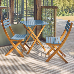 Table de jardin pliante bois d'acacia + 2 assises bleu HILORA . table carrée