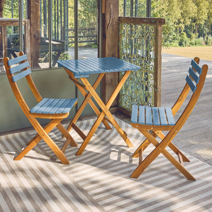 Table de jardin pliante bois d'acacia + 2 assises bleu HILORA . table carrée