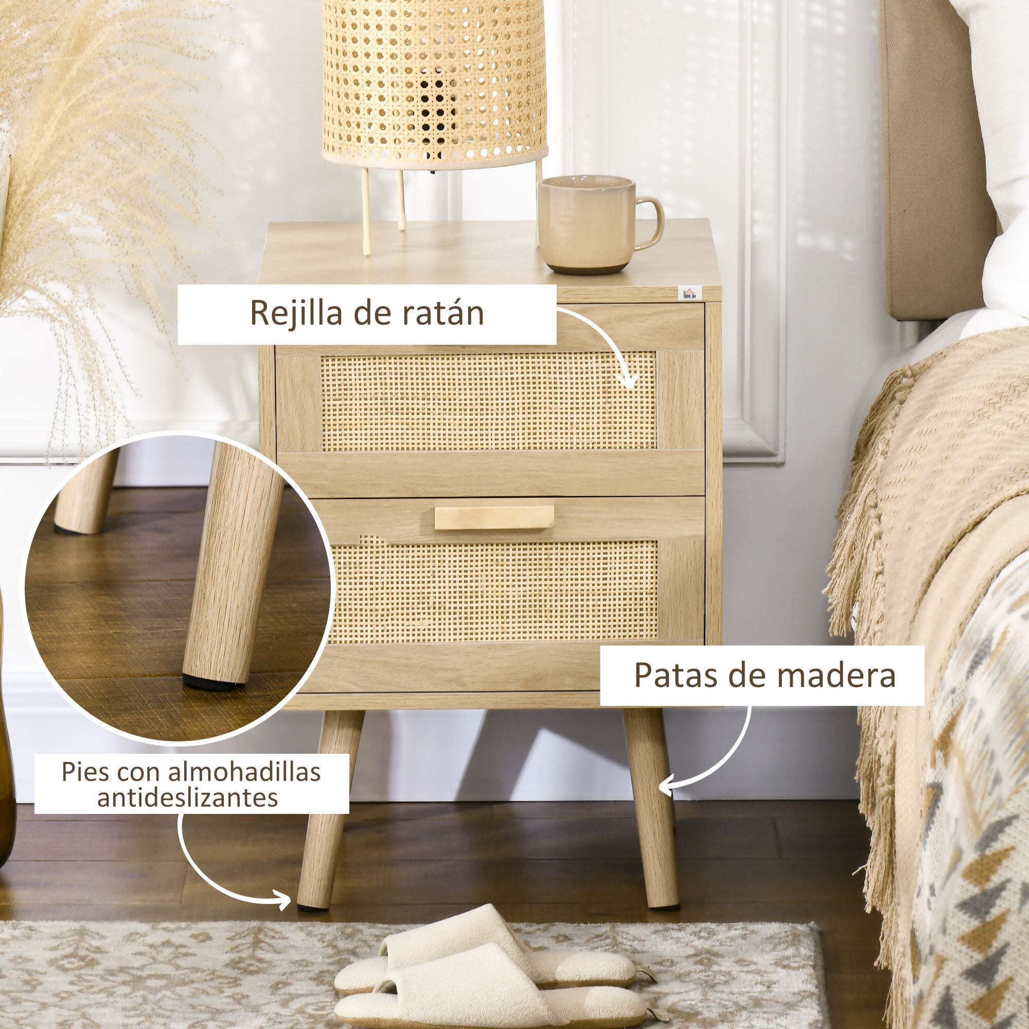 Conjunto de 2 Mesitas de Noche de Bohemio Mesillas de Noche con Cajones de Rejilla de Mimbre y Patas de Madera para Salón Dormitorio 40x40x56 cm Natural