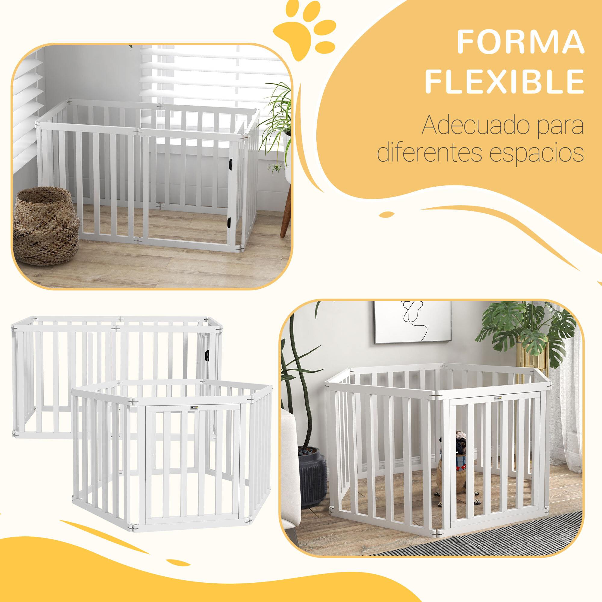 Parque para Perros de 6 Paneles 60x70 cm Valla para Mascotas Plegable de Pino con Puerta Pies de Goma Antideslizantes y Forma Personalizable para Pasillos Escaleras Blanco