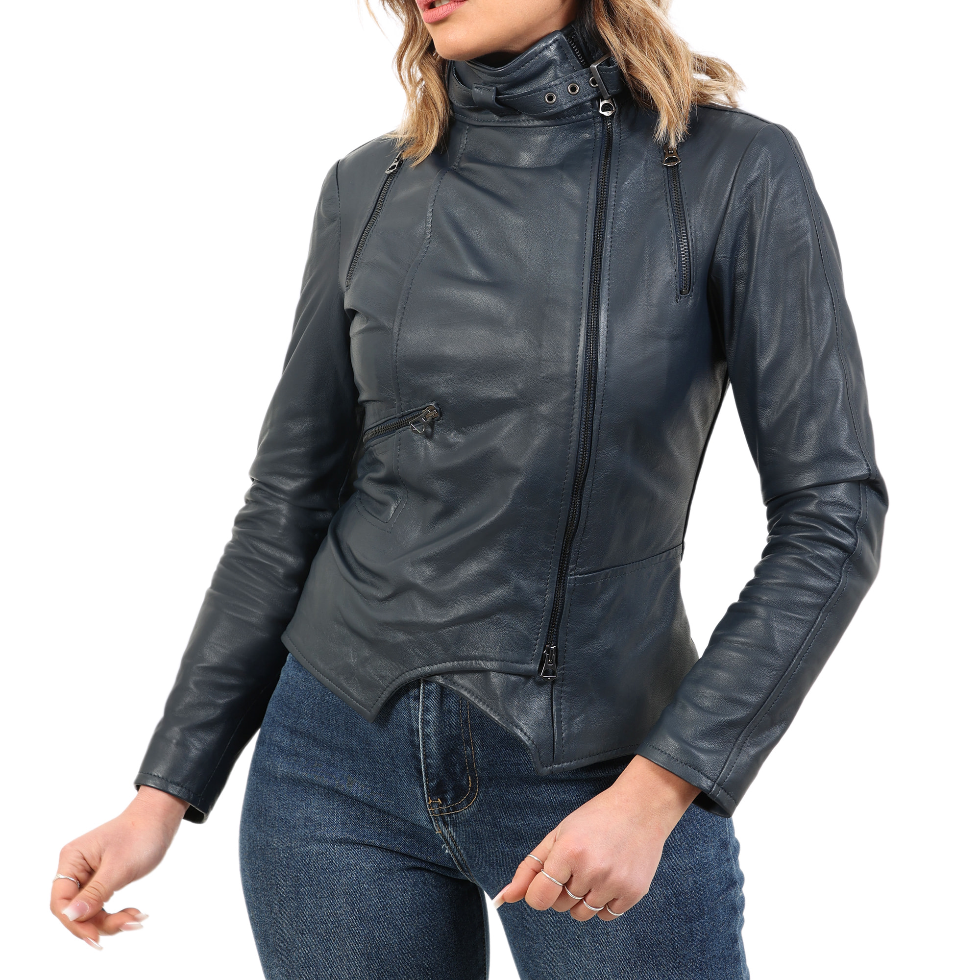 Giubbino in vera pelle di vitello Blu-Slim Fit