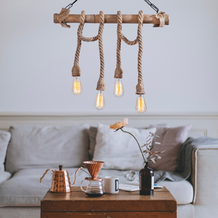 Suspension rustique filaire 4 lampes cordes et bois SHANGHAI