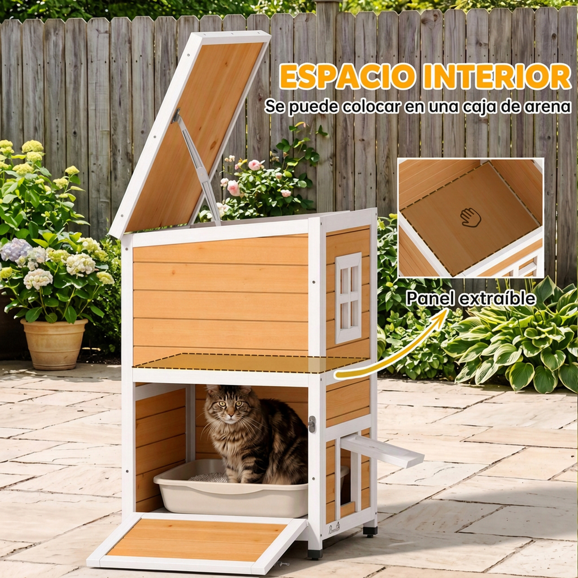 PawHut Caseta para Gatos de Madera Exterior, Casa para Gatos de 2 Niveles con Techo Abatible, Panel Central Extraíble, Ventanas, Puertas, para Terraza, Balcón, Jardín, 51x51x81,3 cm, Natural