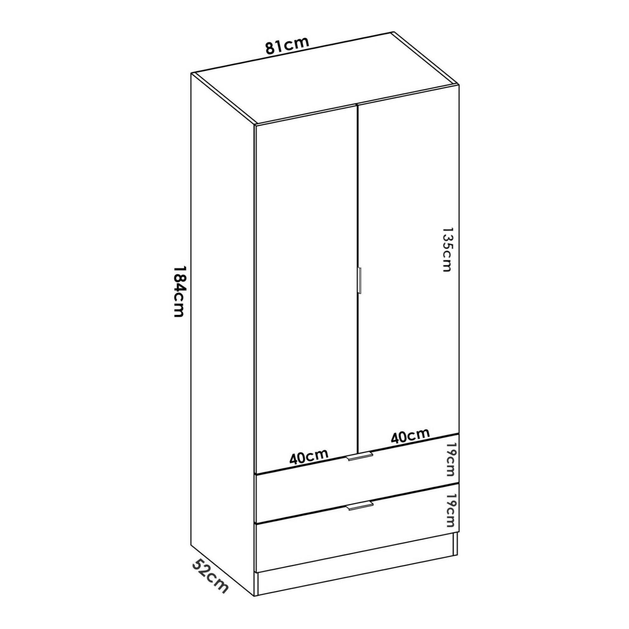 Guardaroba Pisanino, Mobile appendiabiti per camera da letto, Armadio a 2 ante battenti e 2 cassetti, 81x52h184 cm, Bianco